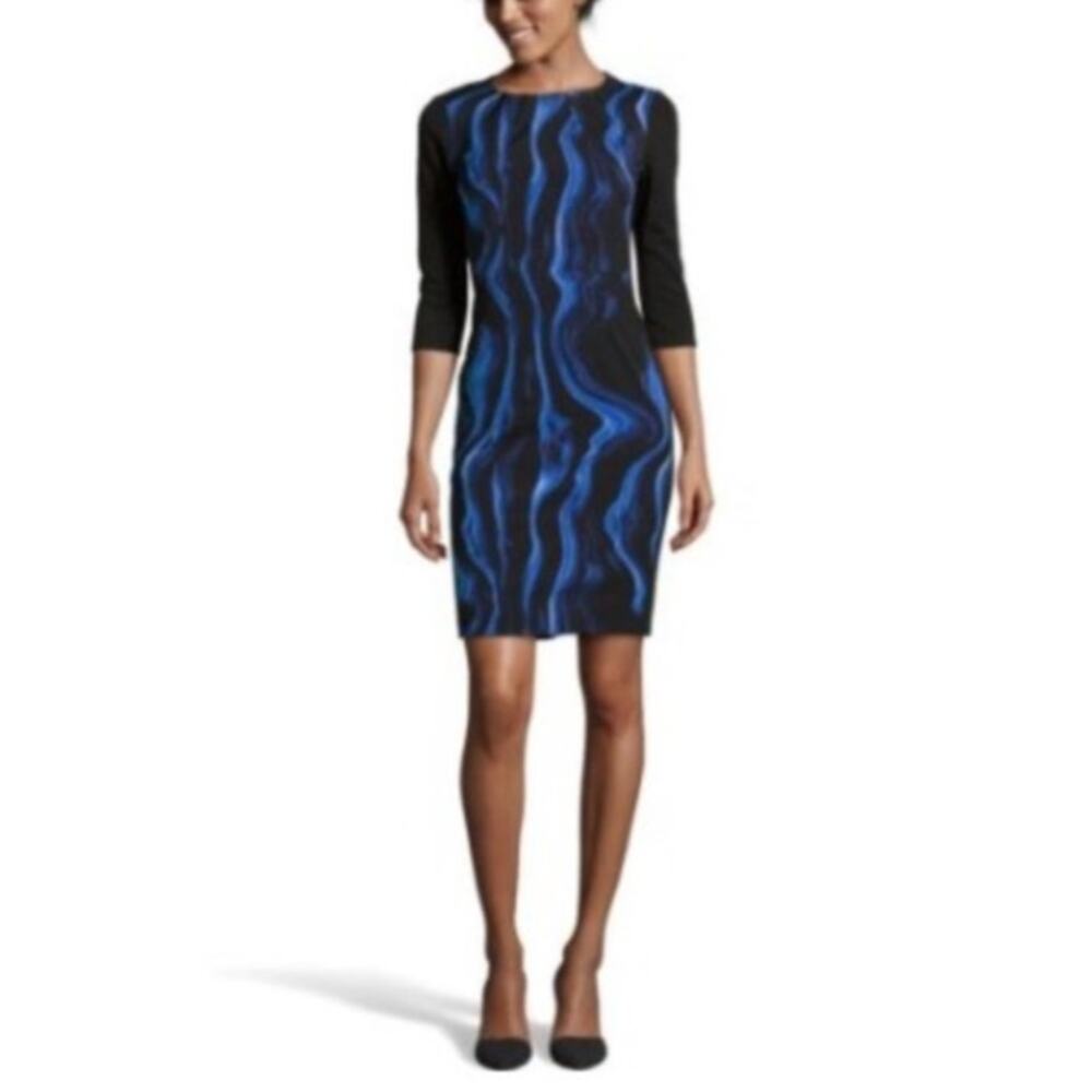 Tahari Angie Dress Sz 2 Mystery Black Blue 3/4 Sleeve Knee Length Work Cocktail